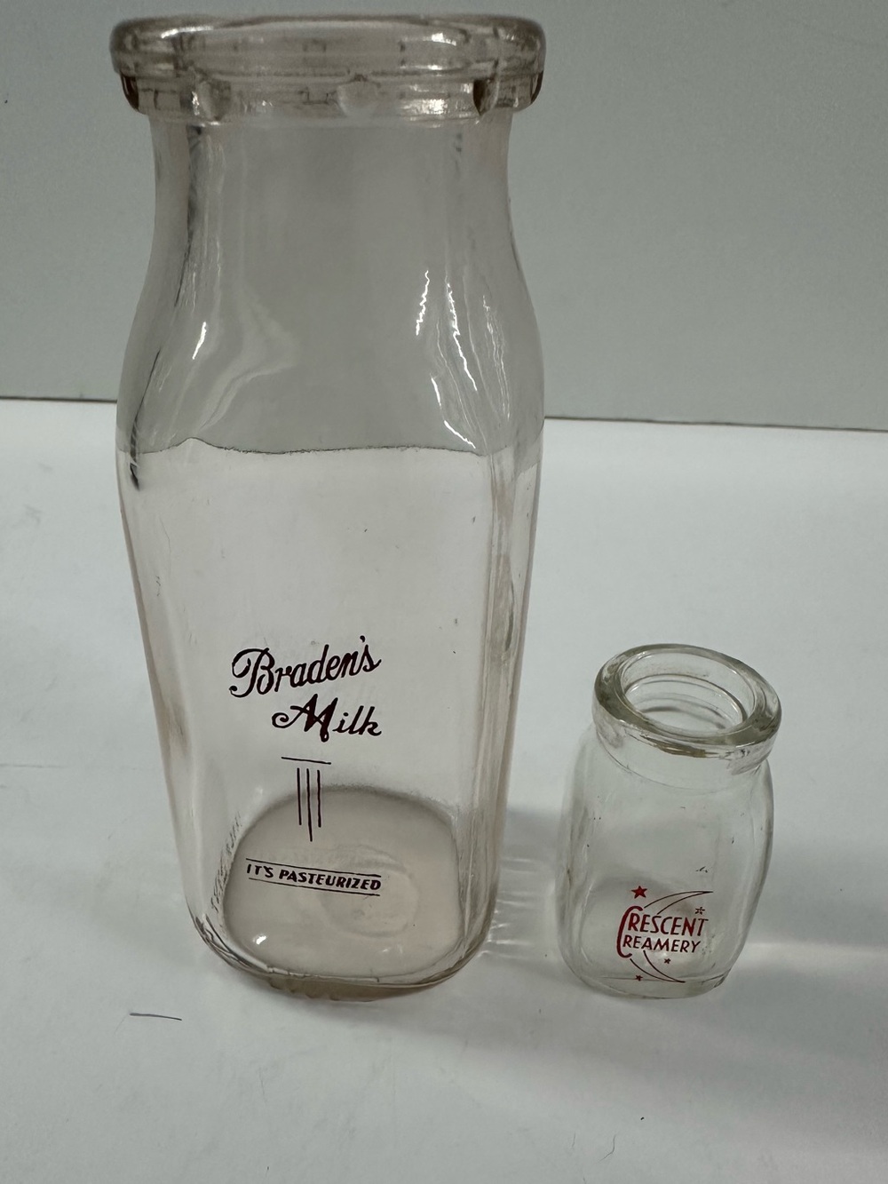 Vintage Clear Glass Milk Bottles with Braden's & Crescent Creamery Logos